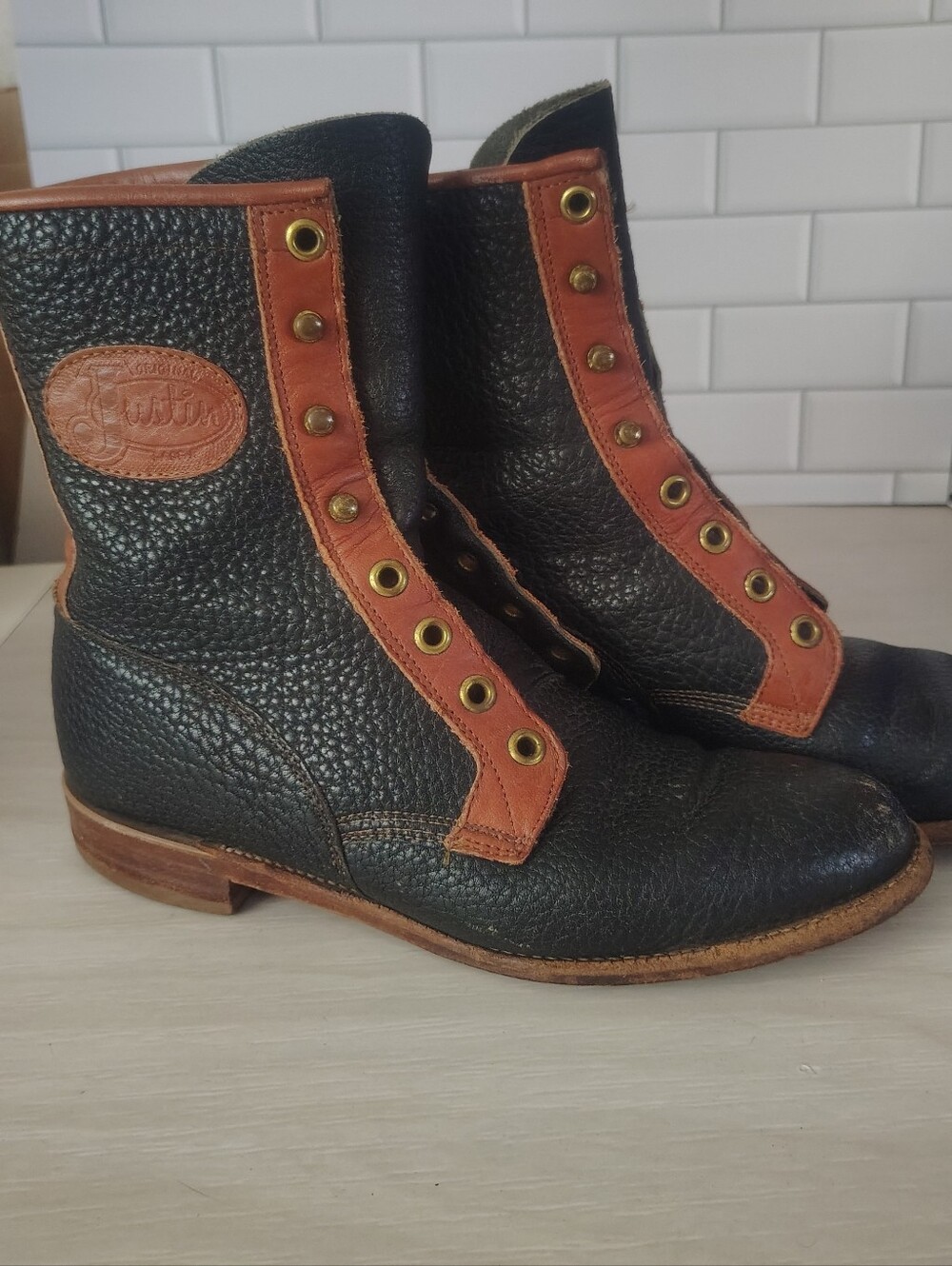 Vintage Justin  Black with Brown Trim Leather Lace-Up Boots Women's 6B
